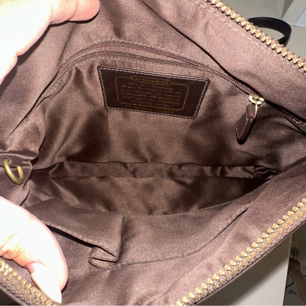 COACH Signature Canvas Fabric Brown Patent Leather Stripe Shoulder Crossbody Bag - Picture 5 of 6